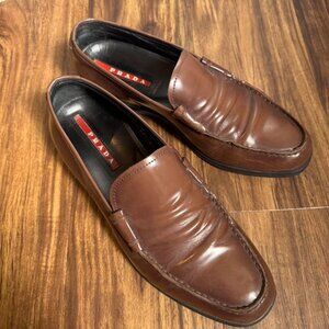 Prada Men’s Cognac brown Tan Carmel Leather Loafers Size 6.5